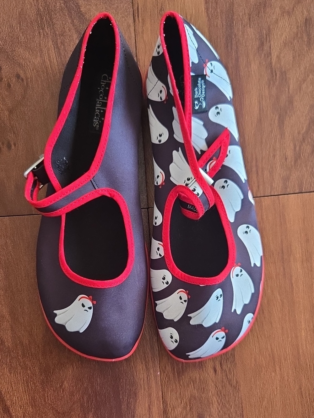 Chocolatedreams Ghost-Print Mary Janes - Black with Red Trim Womens Sz 8/38